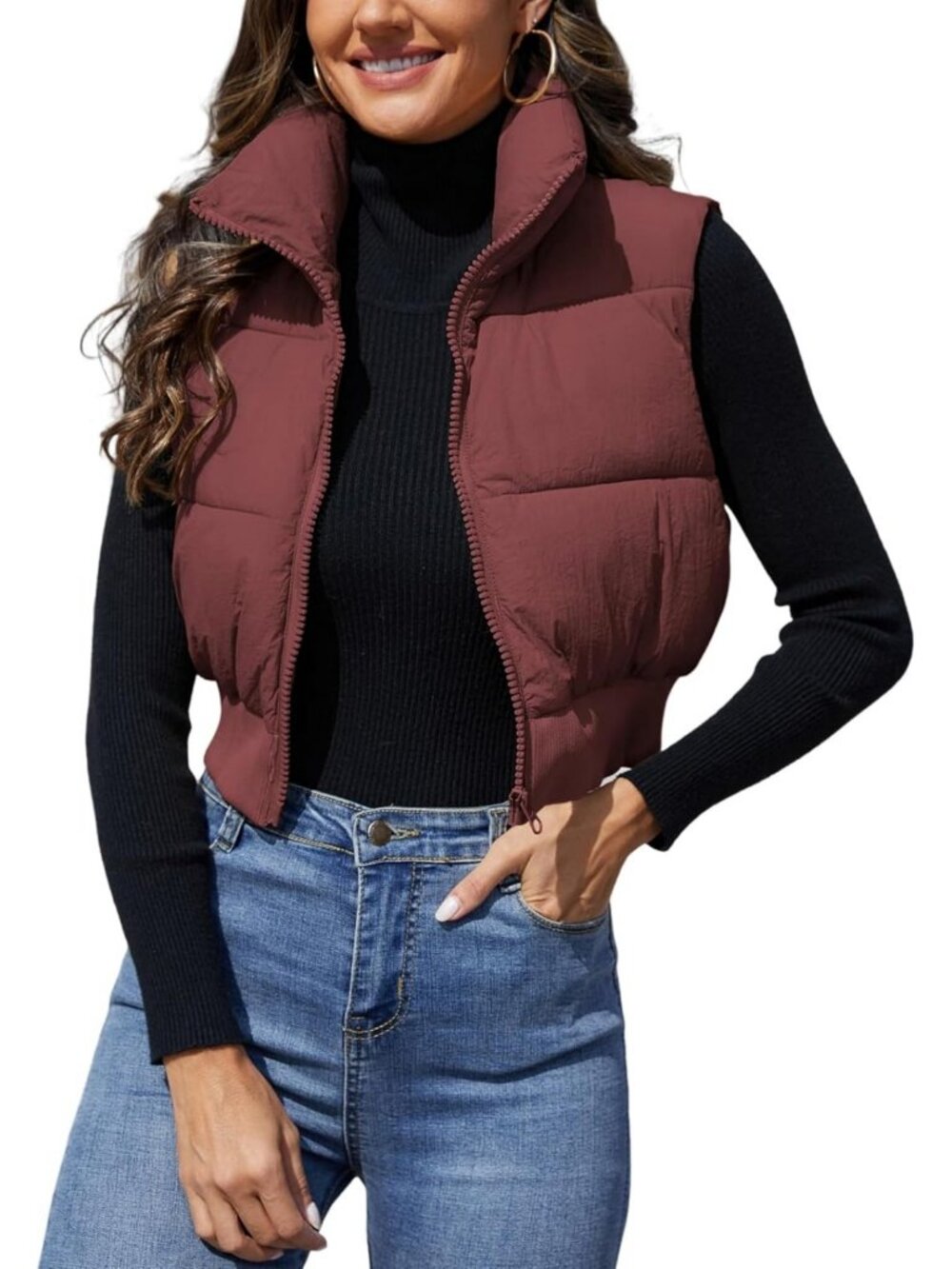 Cropped Puffer Vest for Women | Quilted Zip-Up Sleeveless Jacket | Trendy